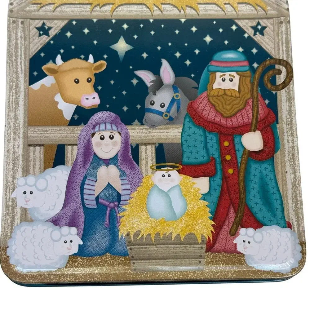 Nativity Scene Religious Tin Container with Lid Silent Night Christmas Holy